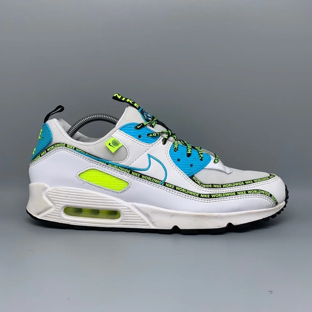 Nike Air Max 90 SE Worldwide White/Blue Volt Running Shoes CZ6419‑100 Men’s 11.5